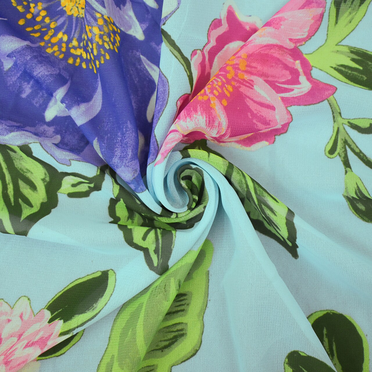 Blue-Pink-Multi Floral Printed Poly Chiffon Woven Fabric By the Yard